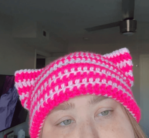 Cute crochet cat hat idea with colorful yarn details