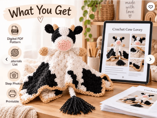 Friendly crochet cow with a cute face