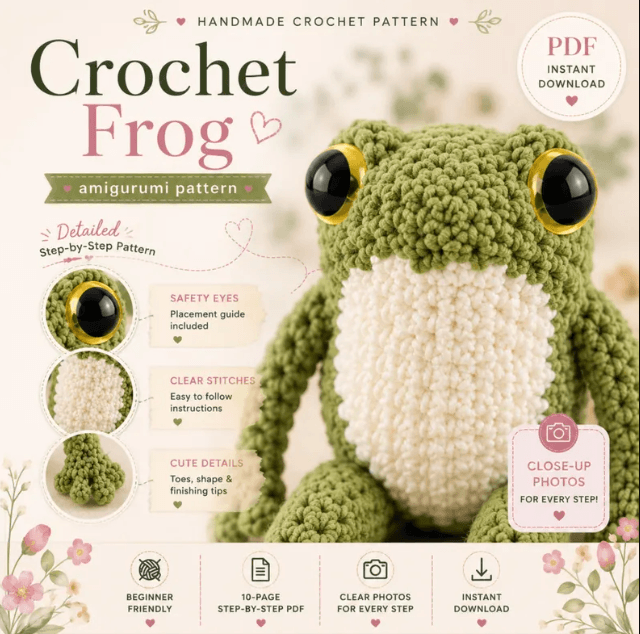 Green crochet frog amigurumi featured on a crochet pattern cover graphic