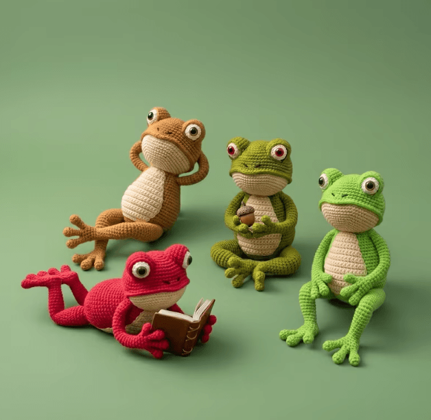 Four colorful crochet frog amigurumi toys arranged on grass