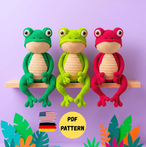 Handmade crochet frog amigurumi project shown in a square promotional graphic