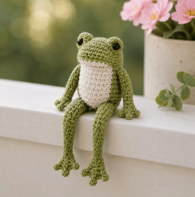 Sage green crochet frog amigurumi sitting on a white shelf