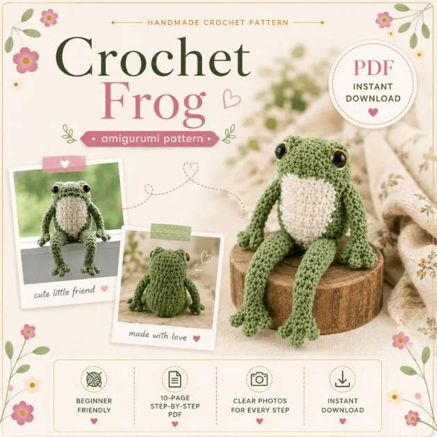 Green crochet frog amigurumi project shown in a soft neutral colorway