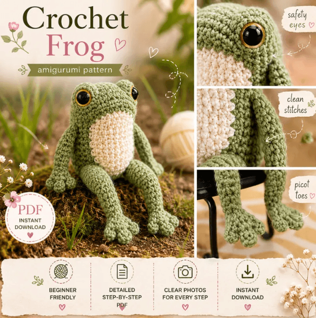Crochet frog amigurumi project displayed in a green handmade style