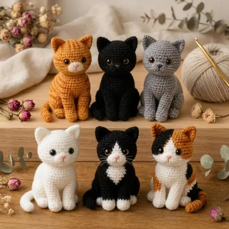 Six crochet cat toys arranged in orange, black, gray, white, tuxedo and calico color combinations.