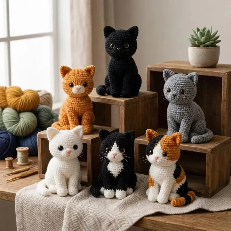 Six handmade crochet cats in different coat colors displayed on wooden boxes beside yarn and crochet tools.