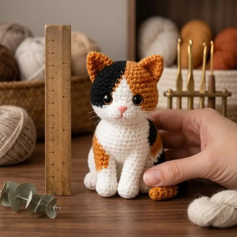 Finished calico crochet cat held beside a wooden ruler to demonstrate the approximate amigurumi size.