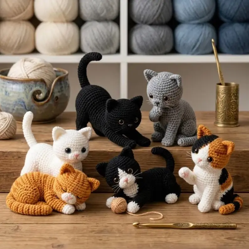 Six crochet cat plush toys in playful sitting, stretching and sleeping poses on a craft table.