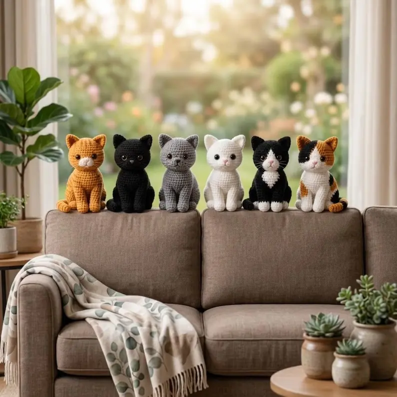 Six small crochet cat toys displayed along the back of a neutral sofa in a bright living room.