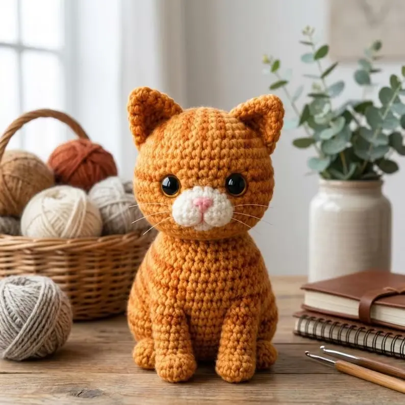 Orange sitting crochet cat amigurumi with a white muzzle displayed beside yarn and crochet tools.