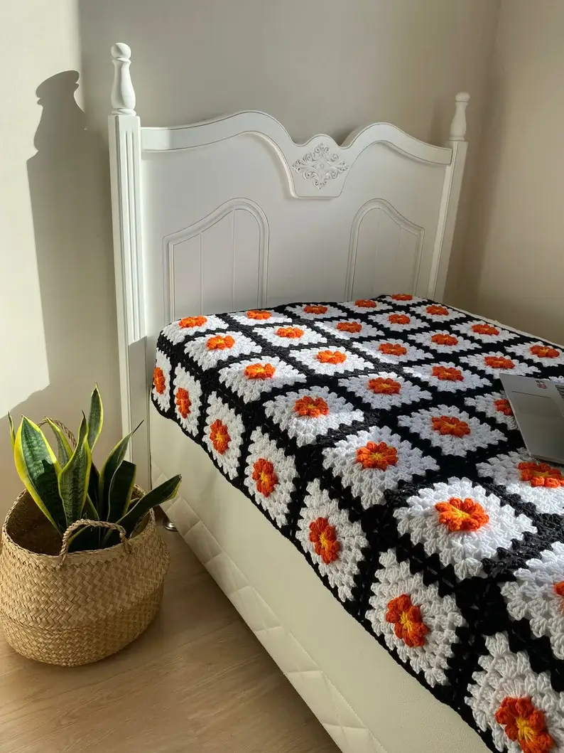 rust cream granny square blanket