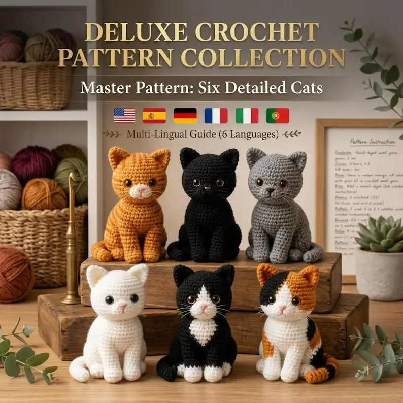 Premium crochet pattern collection cover showing six detailed cat amigurumi styles.