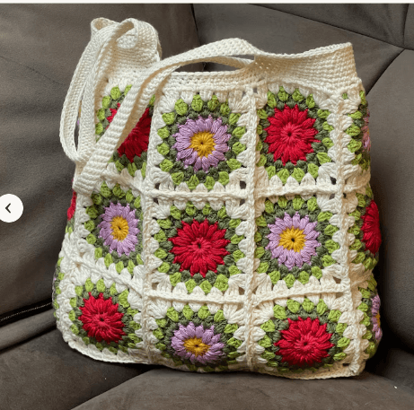 Joined flower granny-square panel for a handmade crochet tote