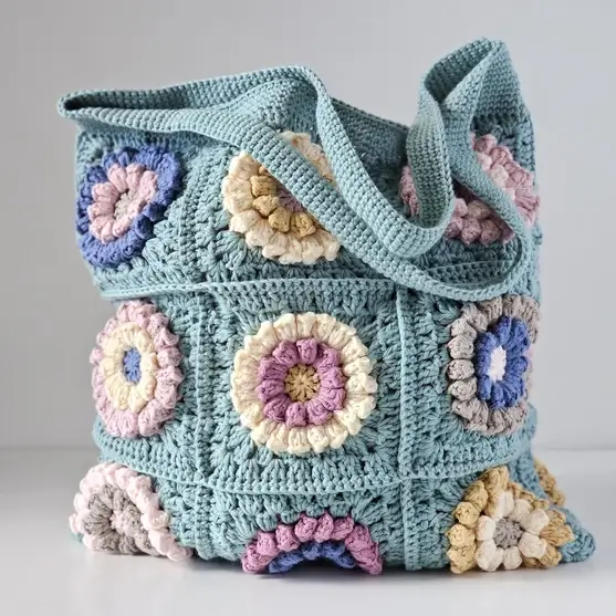 Popcorn-stitch flower detail on a crochet granny square tote bag